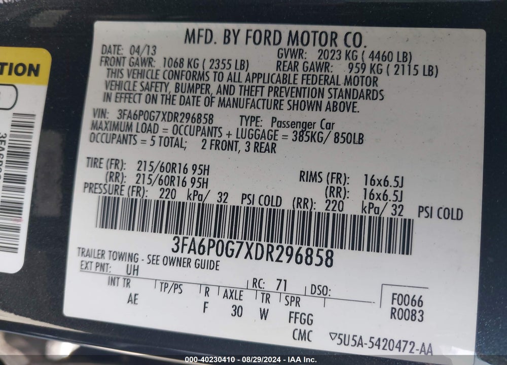 2013 FORD FUSION S VIN: 3FA6P0G7XDR296858