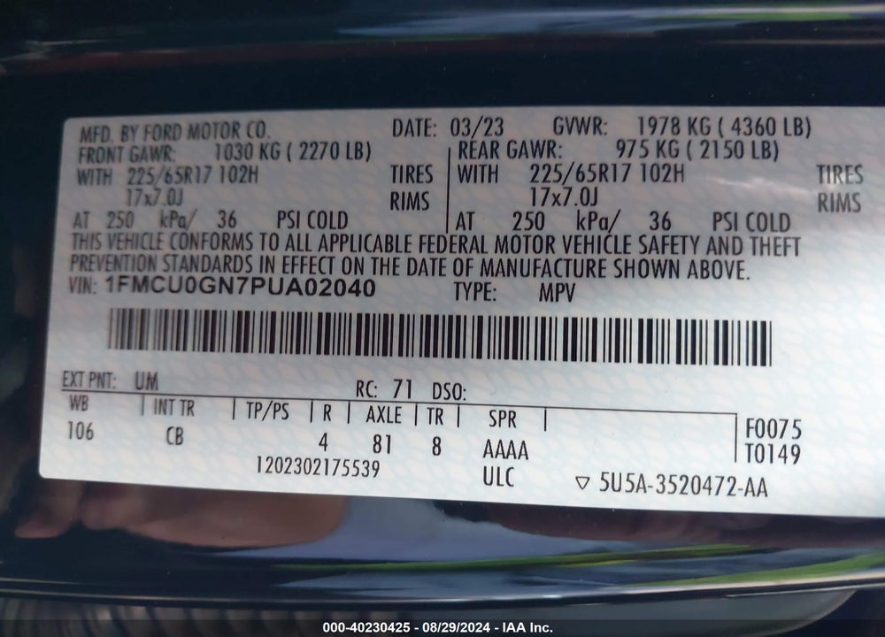2023 FORD ESCAPE ACTIVE VIN: 1FMCU0GN7PUA02040
