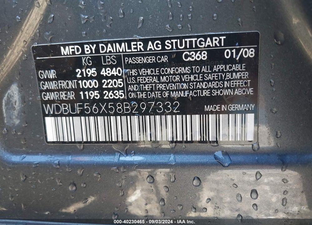 2008 MERCEDES-BENZ E 350 VIN: WDBUF56X58B297332