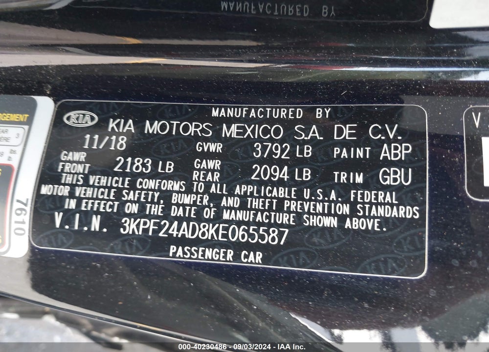 2019 KIA FORTE VIN: 3KPF24AD8KE065587