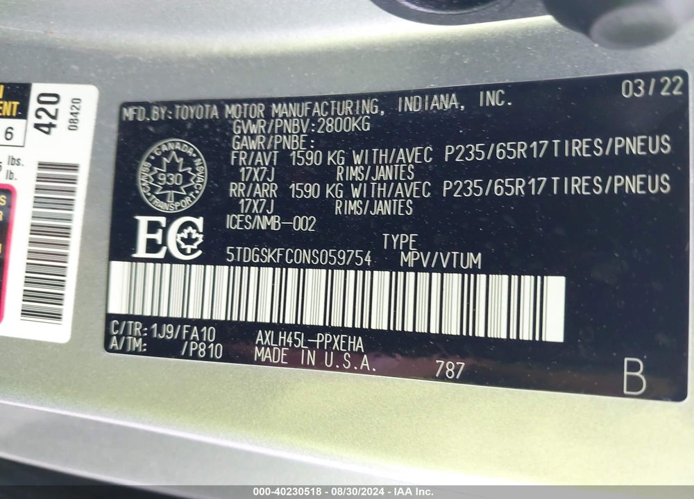 2022 TOYOTA SIENNA LE 8 PASSENGER VIN: 5TDGSKFC0NS059754