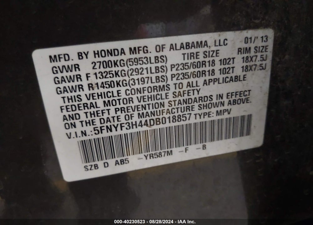2013 HONDA PILOT EX VIN: 5FNYF3H44DB018857
