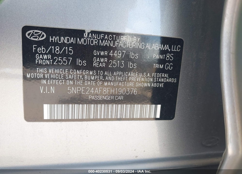 2015 HYUNDAI SONATA SE VIN: 5NPE24AF8FH190376