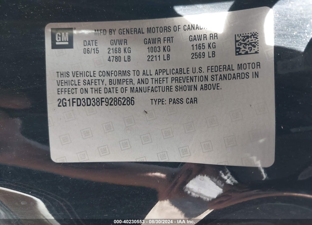 2015 CHEVROLET CAMARO 1LT VIN: 2G1FD3D38F9286286