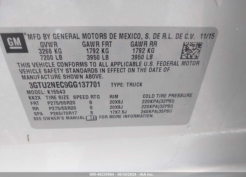 2016 GMC SIERRA 1500 SLT VIN: 3GTU2NEC9GG137701