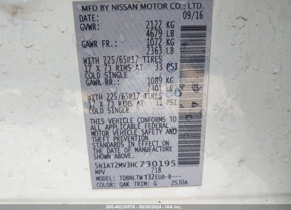 2017 NISSAN ROGUE SV VIN: 5N1AT2MV3HC730195