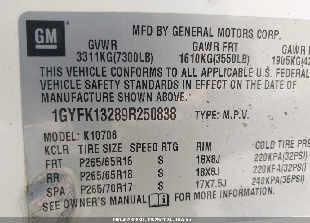 2009 CADILLAC ESCALADE STANDARD VIN: 1GYFK13289R250838