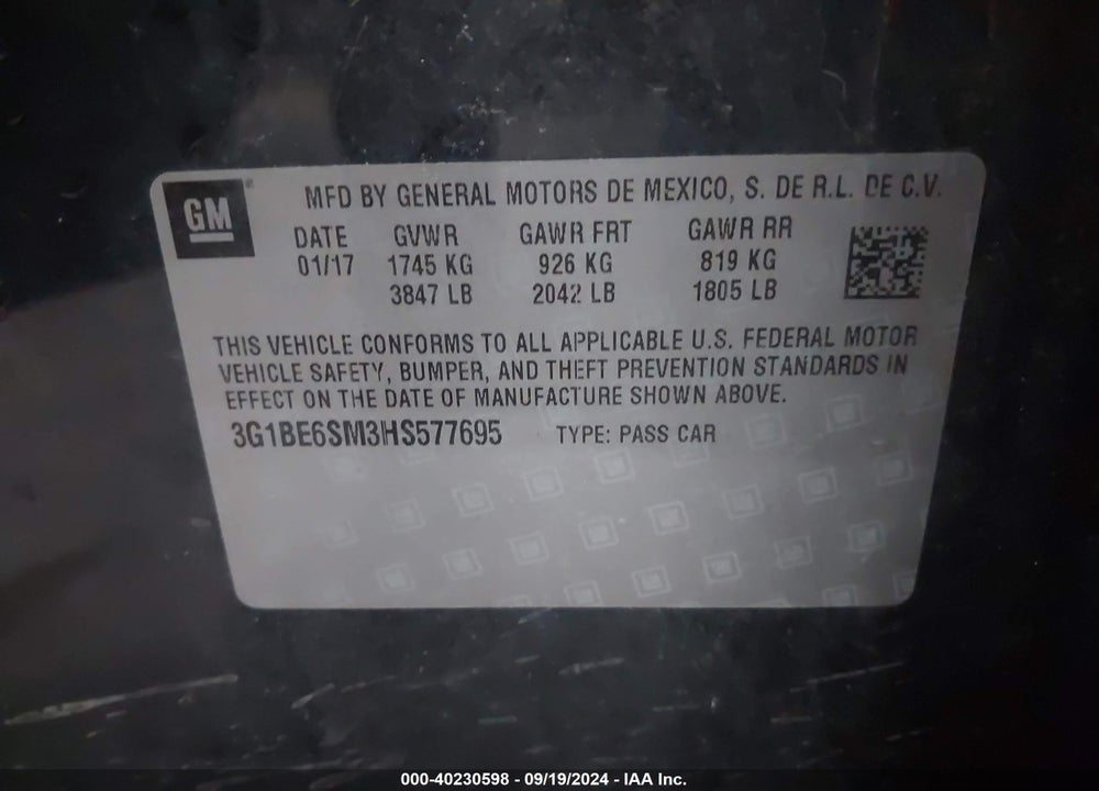 2017 CHEVROLET CRUZE LT AUTO VIN: 3G1BE6SM3HS577695