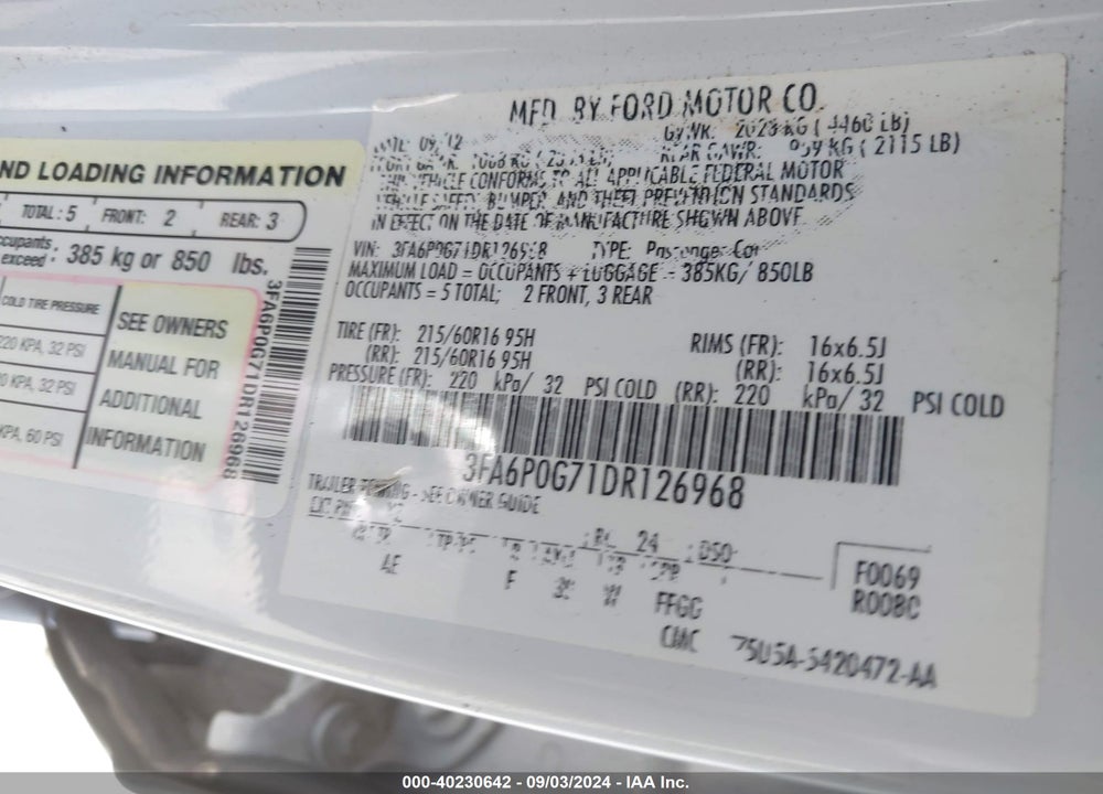 2013 FORD FUSION S VIN: 3FA6P0G71DR126968