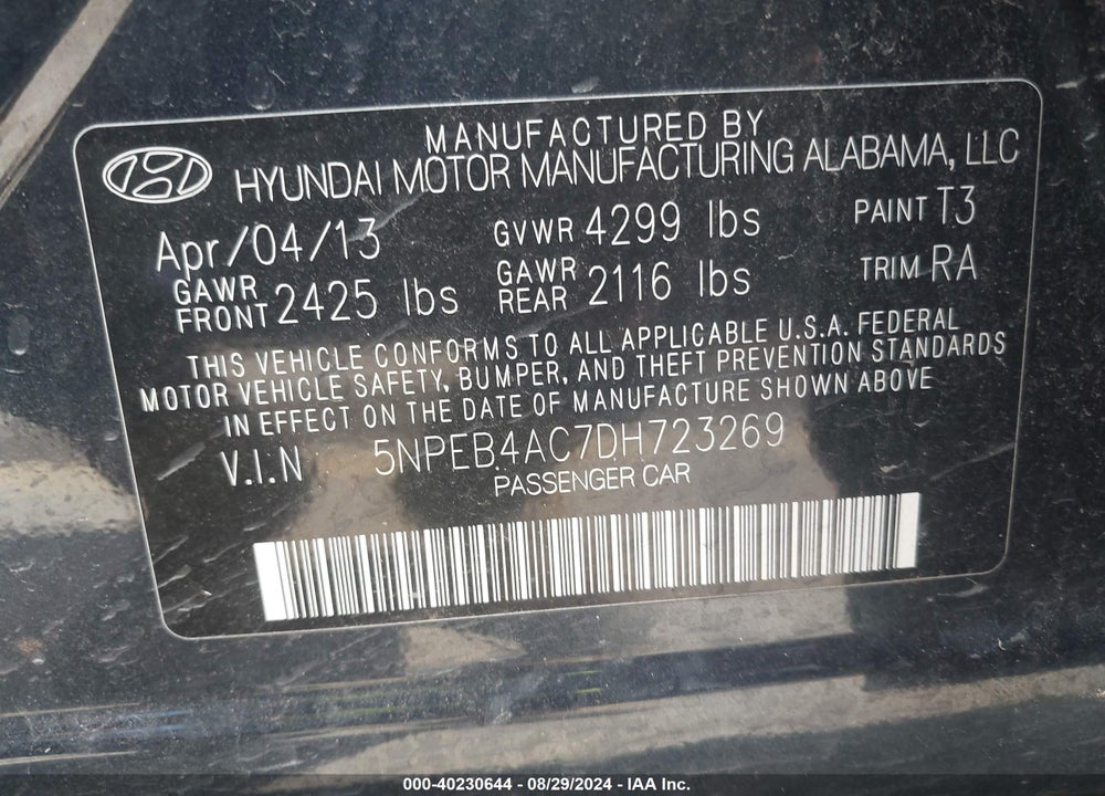 2013 HYUNDAI SONATA GLS VIN: 5NPEB4AC7DH723269