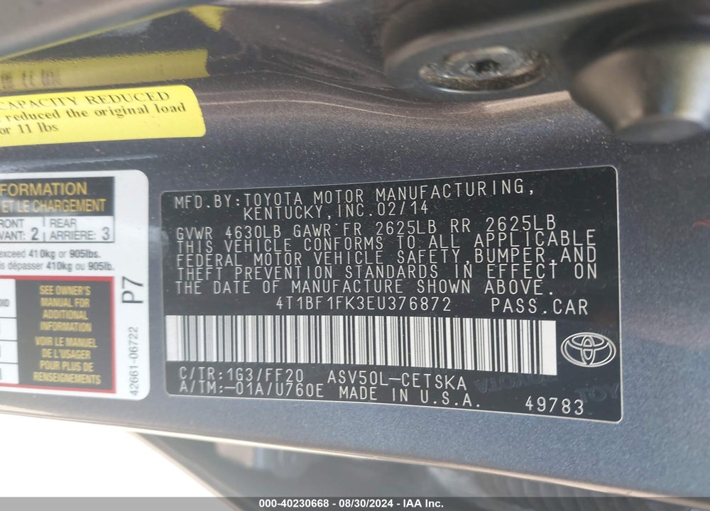 2014 TOYOTA CAMRY SE VIN: 4T1BF1FK3EU376872