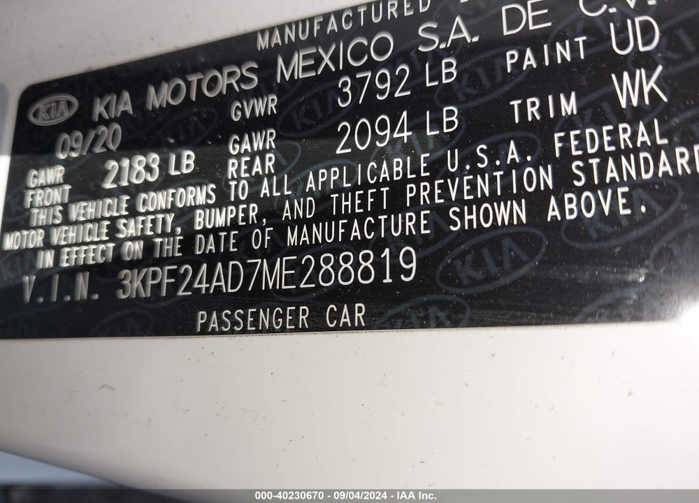 2021 KIA FORTE LXS VIN: 3KPF24AD7ME288819
