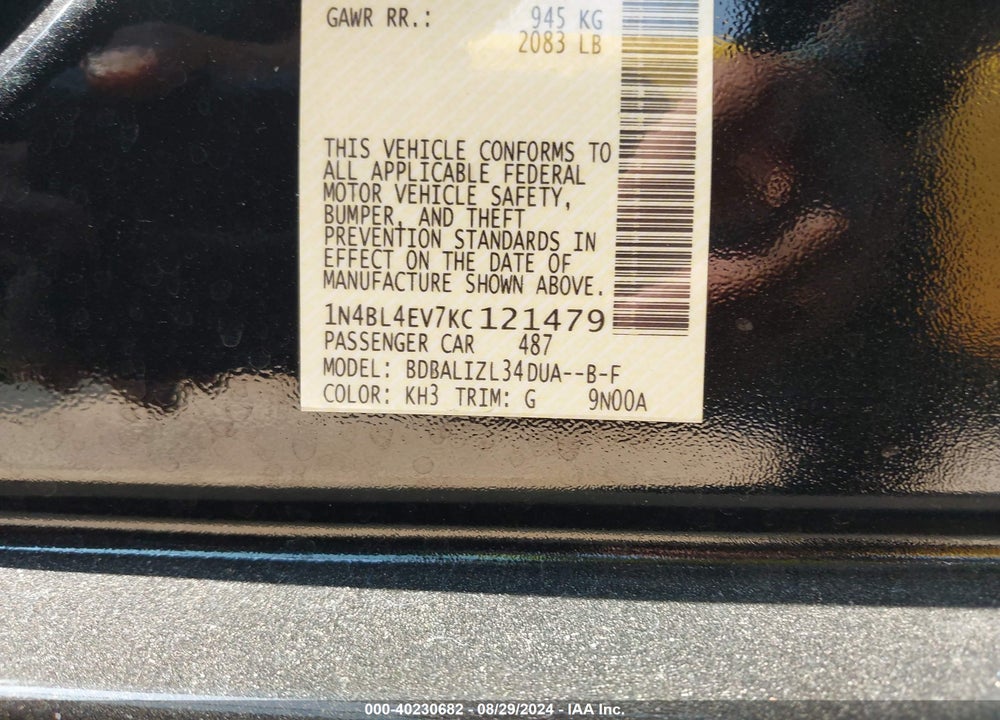 2019 NISSAN ALTIMA 2.5 SL VIN: 1N4BL4EV7KC121479