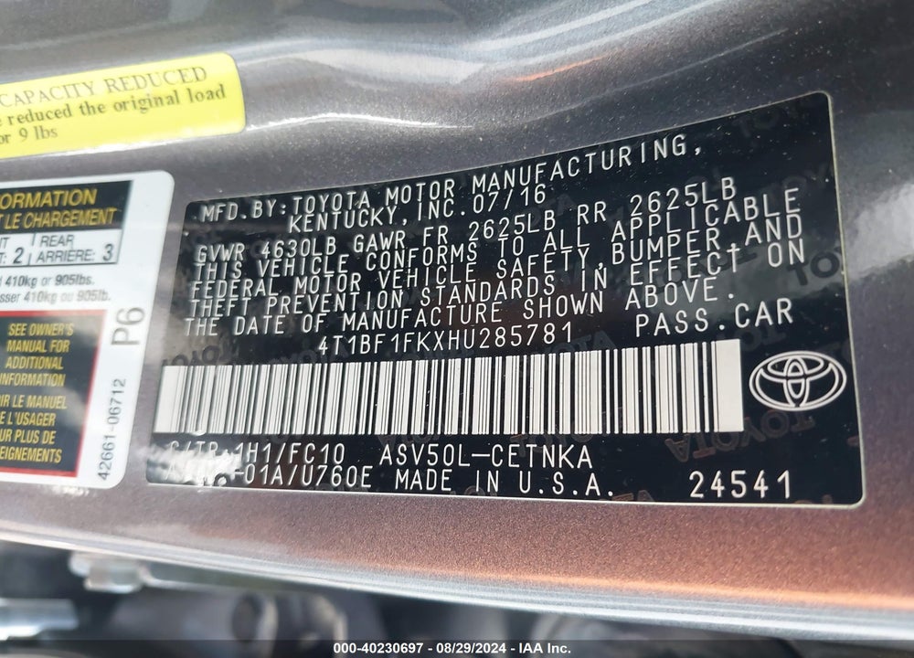 2017 TOYOTA CAMRY LE VIN: 4T1BF1FKXHU285781