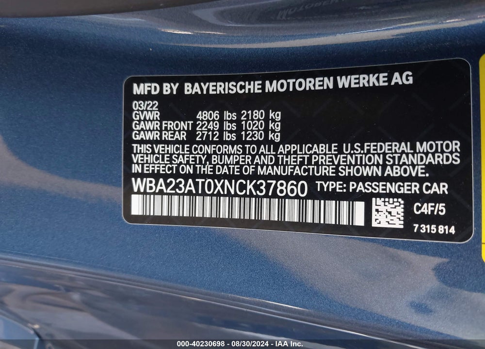 2022 BMW 430I VIN: WBA23AT0XNCK37860