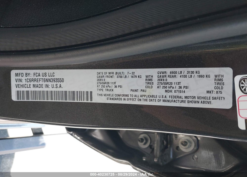 2022 RAM 1500 BIG HORN 4X2 5'7 BOX VIN: 1C6RREFT6NN393550