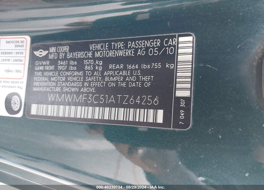 2010 MINI COOPER VIN: WMWMF3C51ATZ64256
