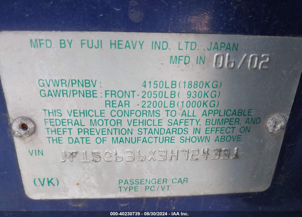 2003 SUBARU FORESTER X VIN: JF1SG636X3H724331