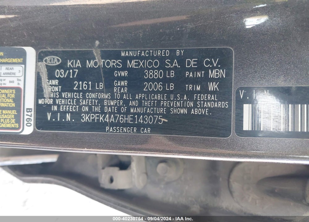 2017 KIA FORTE LX VIN: 3KPFK4A76HE143075