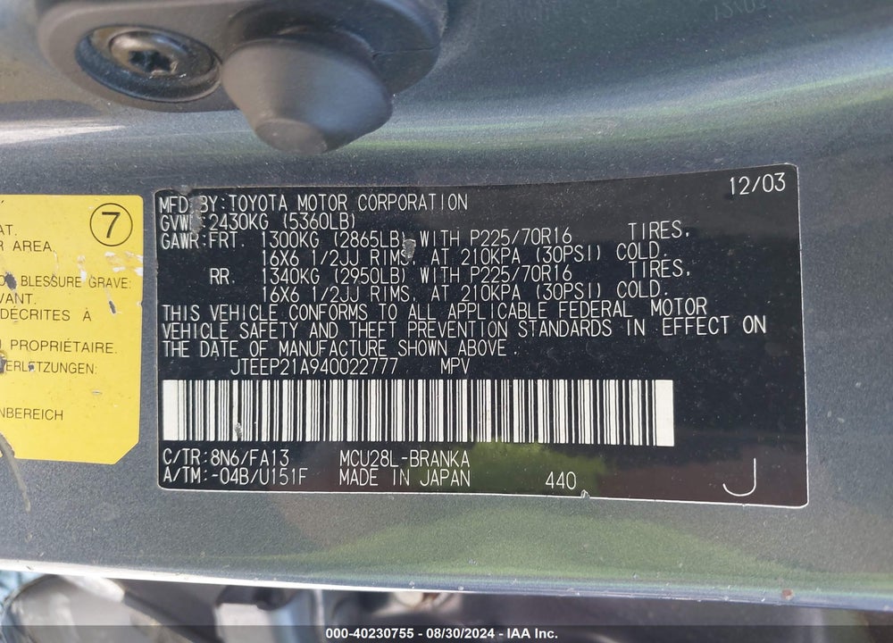 2004 TOYOTA HIGHLANDER V6 VIN: JTEEP21A940022777