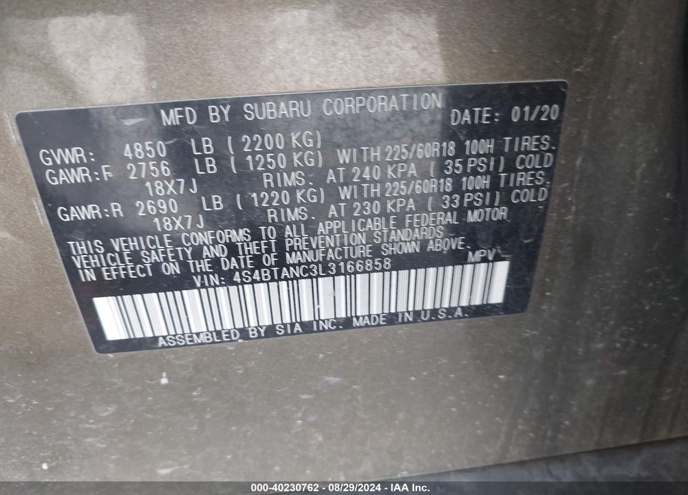 2020 SUBARU OUTBACK LIMITED VIN: 4S4BTANC3L3166858