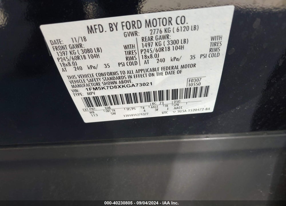 2019 FORD EXPLORER XLT VIN: 1FM5K7D8XKGA73021
