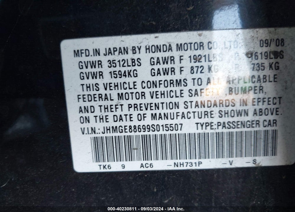 2009 HONDA FIT SPORT VIN: JHMGE88699S015507