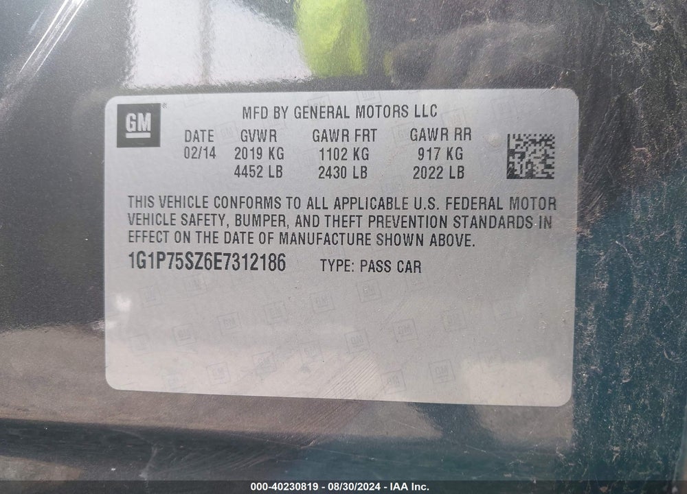 2014 CHEVROLET CRUZE DIESEL VIN: 1G1P75SZ6E7312186