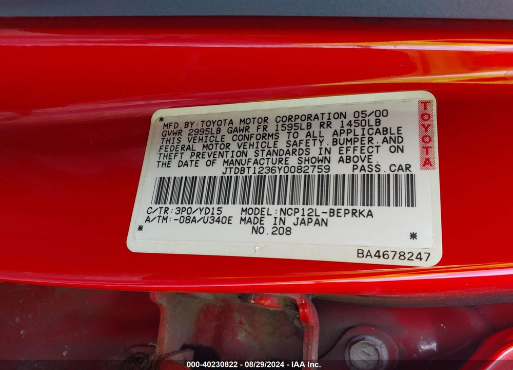 2000 TOYOTA ECHO VIN: JTDBT1236Y0082759