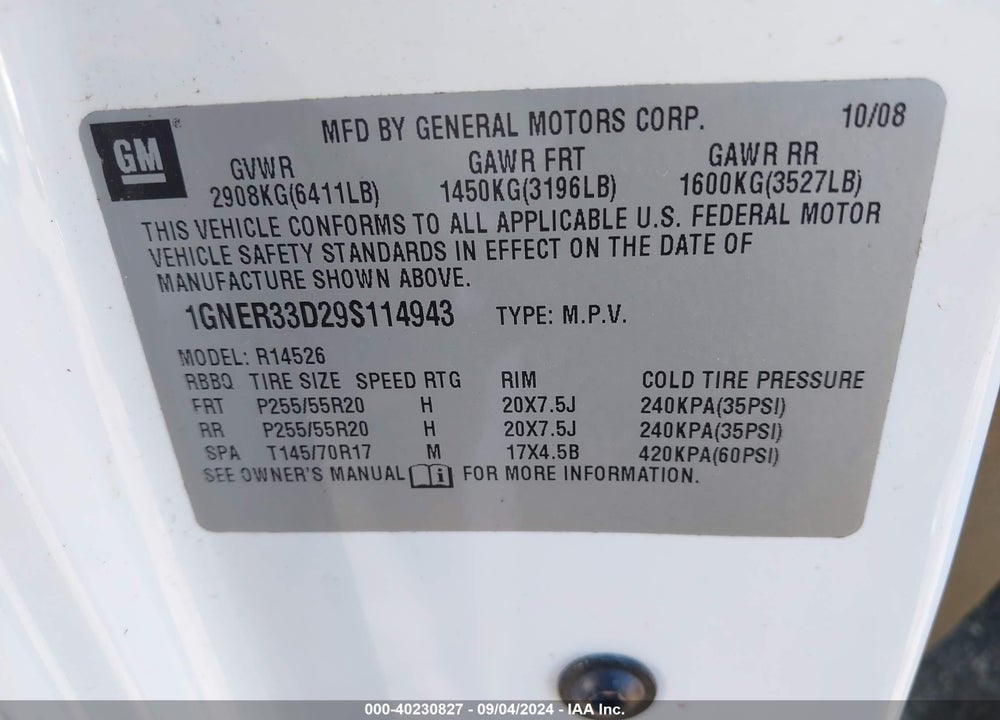 2009 CHEVROLET TRAVERSE LTZ VIN: 1GNER33D29S114943