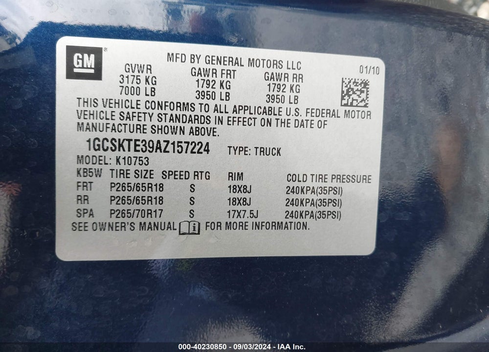 2010 CHEVROLET SILVERADO 1500 LTZ VIN: 1GCSKTE39AZ157224