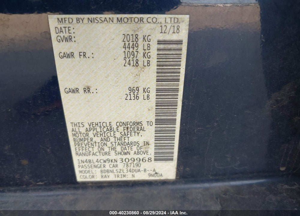 2019 NISSAN ALTIMA 2.5 SR VIN: 1N4BL4CW9KN309968