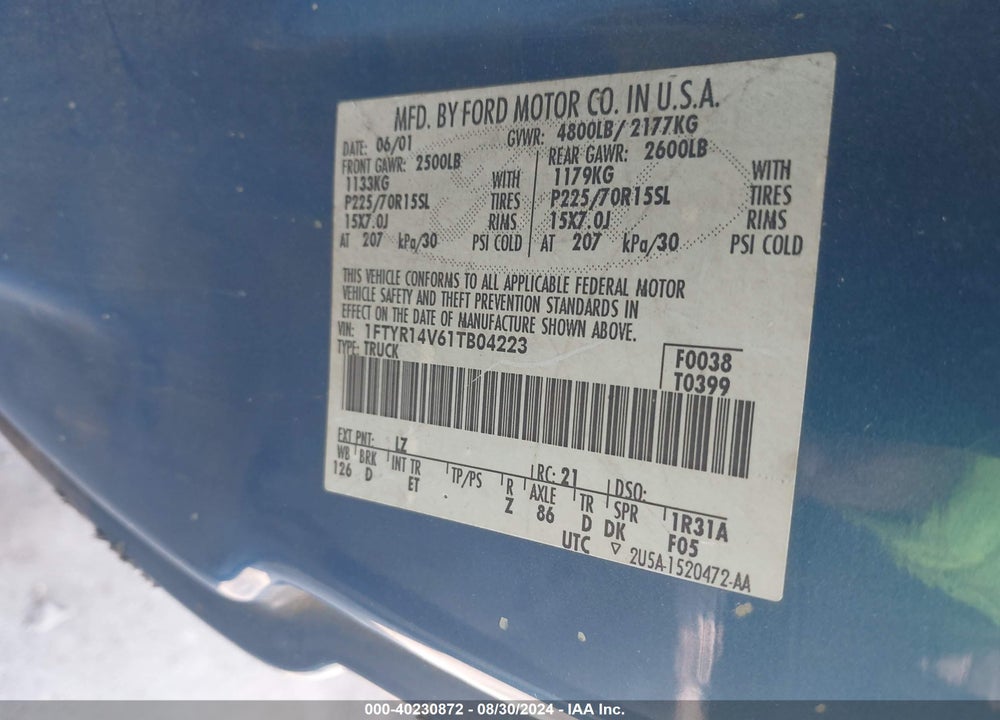 2001 FORD RANGER EDGE/XL/XLT VIN: 1FTYR14V61TB04223