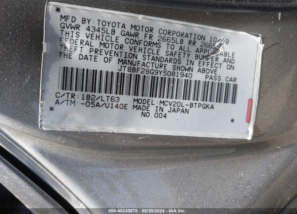 2000 LEXUS ES 300 VIN: JT8BF28G9Y5081940