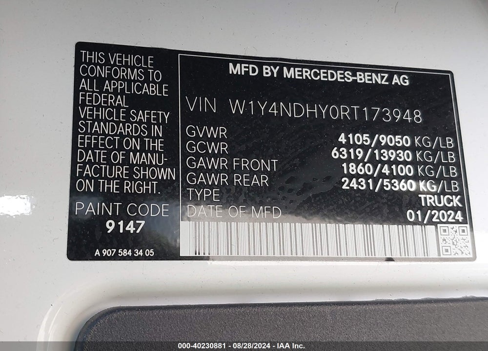 2024 MERCEDES-BENZ SPRINTER 2500 HIGH ROOF 4-CYL DIESEL HO VIN: W1Y4NDHY0RT173948