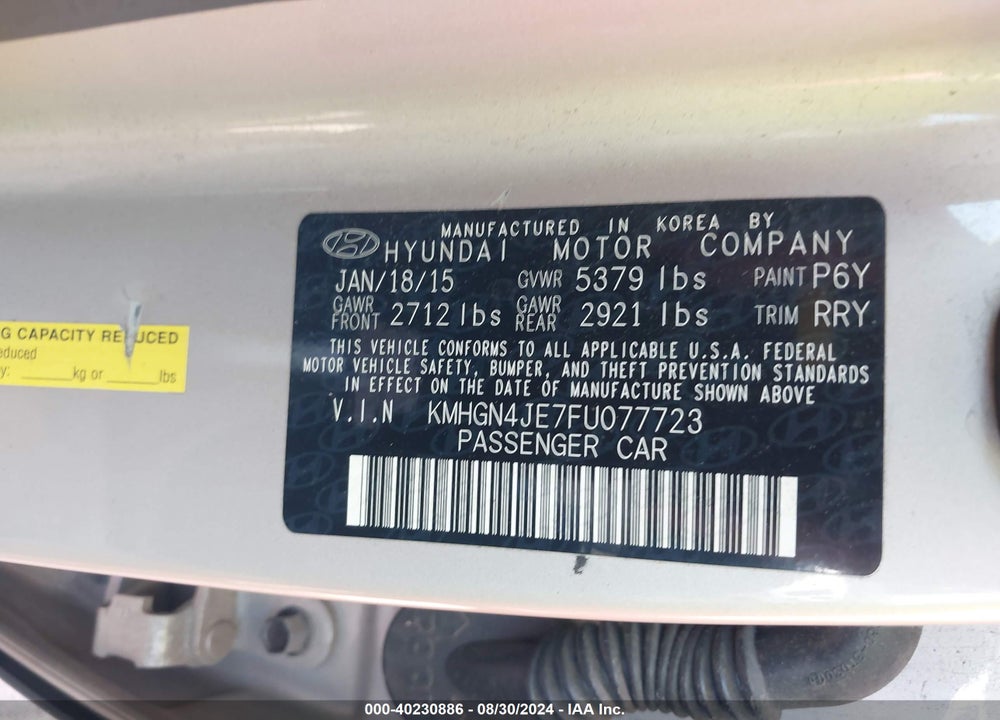 2015 HYUNDAI GENESIS 3.8 VIN: KMHGN4JE7FU077723