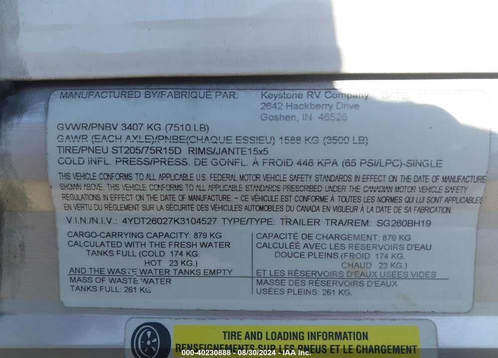 2019 KEYSTONE OTHER VIN: 4YDT26027K3104527