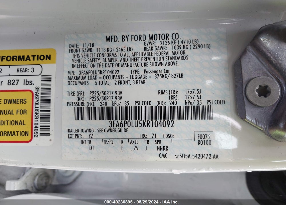 2019 FORD FUSION HYBRID SE VIN: 3FA6P0LU5KR104092