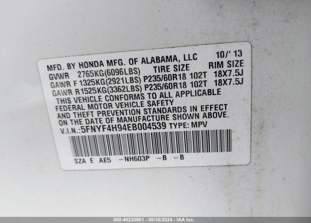 2014 HONDA PILOT TOURING VIN: 5FNYF4H94EB004539