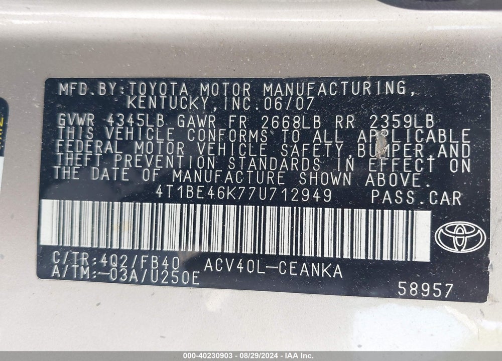 2007 TOYOTA CAMRY LE VIN: 4T1BE46K77U712949