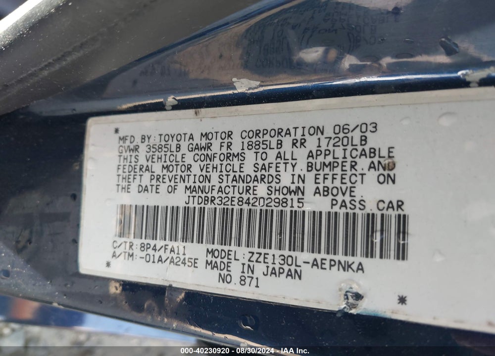2004 TOYOTA COROLLA LE VIN: JTDBR32E842029815