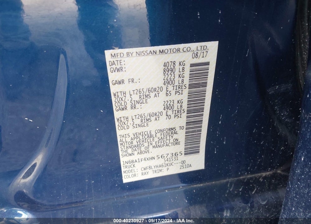 2017 NISSAN TITAN XD PLATINUM RESERVE DIESEL VIN: 1N6BA1F4XHN567365