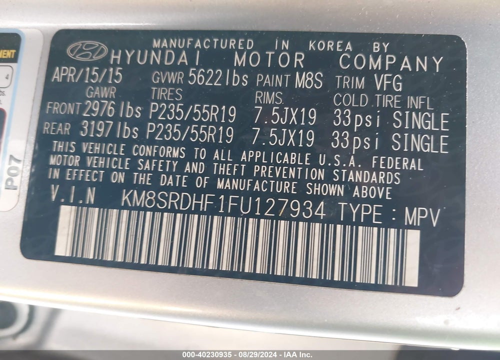 2015 HYUNDAI SANTA FE LIMITED VIN: KM8SRDHF1FU127934