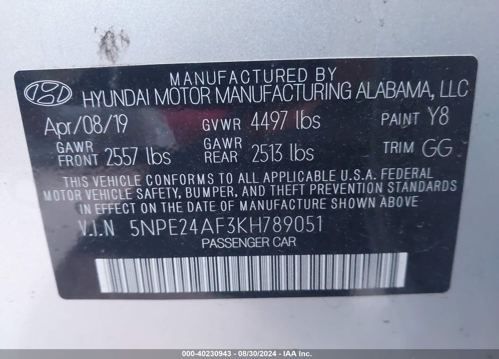 2019 HYUNDAI SONATA SE VIN: 5NPE24AF3KH789051