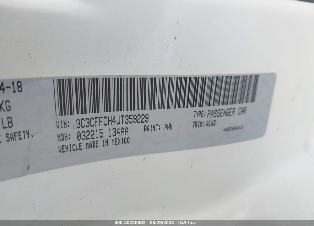 2018 FIAT 500 LOUNGE VIN: 3C3CFFCH4JT359229