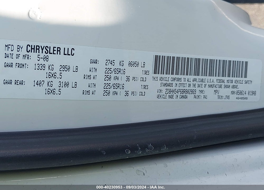 2008 DODGE GRAND CARAVAN SXT VIN: 2D8HN54P68R802869