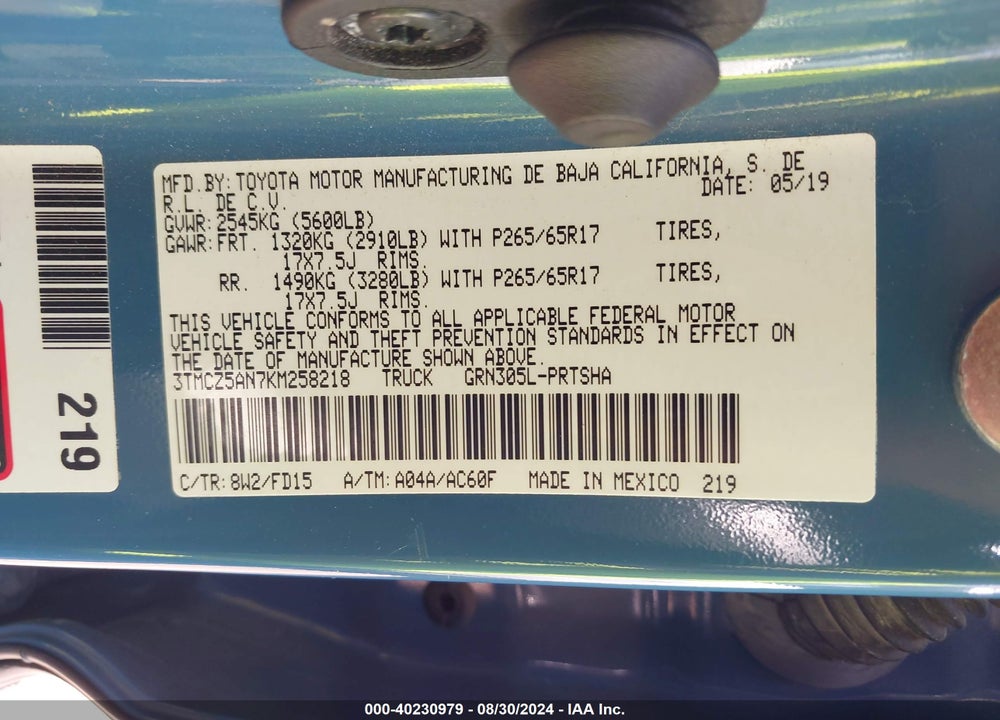 2019 TOYOTA TACOMA TRD SPORT VIN: 3TMCZ5AN7KM258218