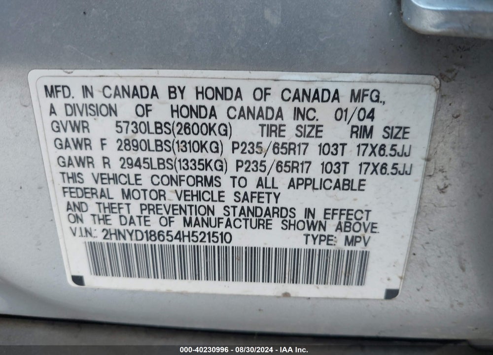 2004 ACURA MDX VIN: 2HNYD18654H521510