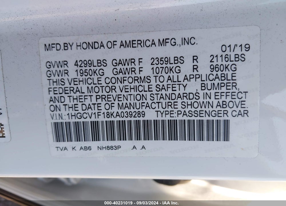 2019 HONDA ACCORD LX VIN: 1HGCV1F18KA039289