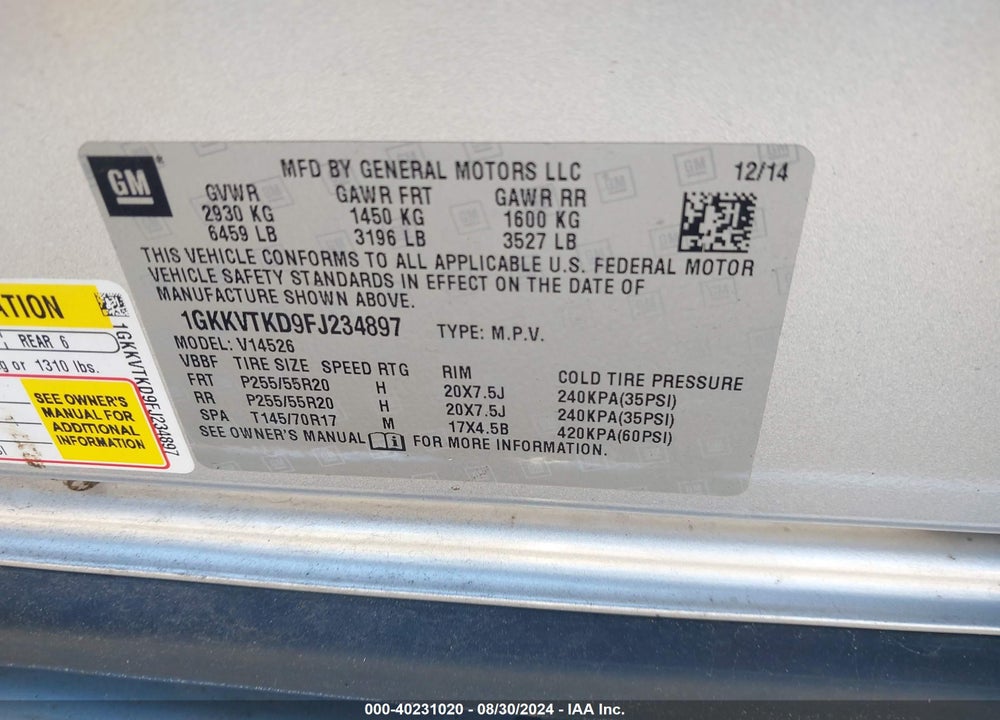 2015 GMC ACADIA DENALI VIN: 1GKKVTKD9FJ234897